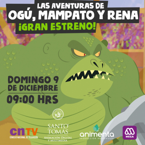 Afiche Las aventuras de Ogu, Mampato y Rena con criatura verde